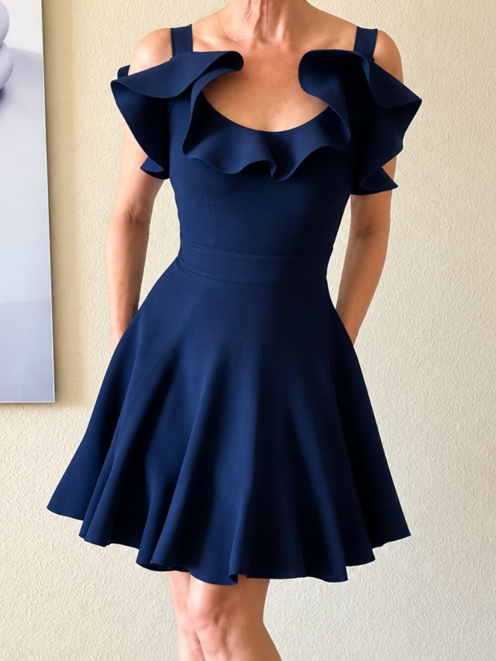 Alexander McQueen NAVY ruffle cold Shoulder Dress S $1,450 NEW